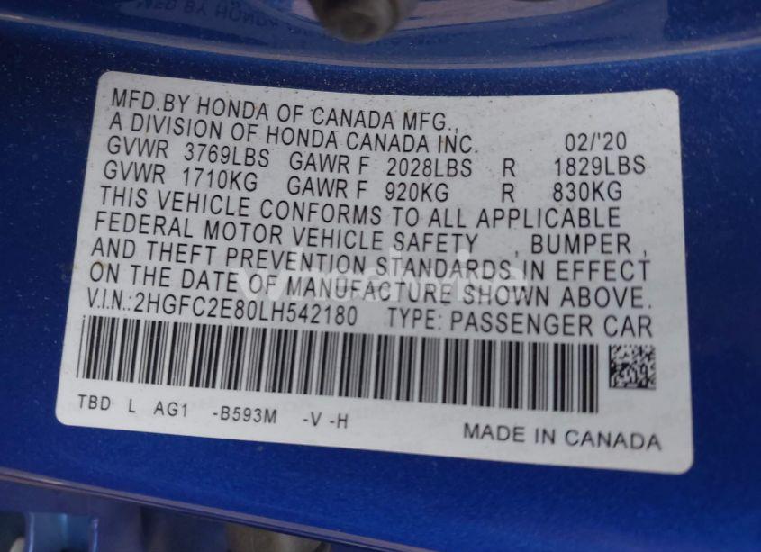 Photo 9 of 2020 Honda Civic SPORT (VIN 2HGFC2E80LH542180)