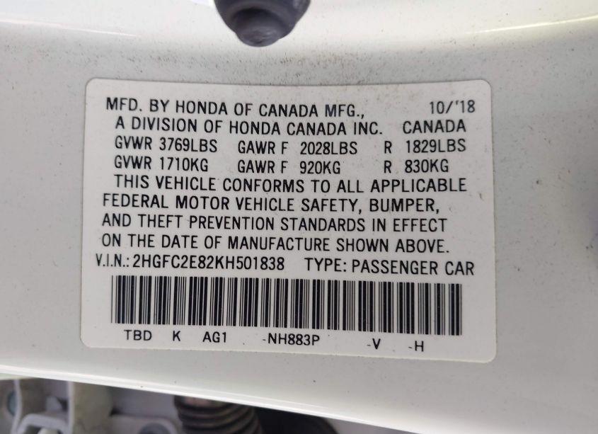 Photo 9 of 2019 Honda Civic SPORT (VIN 2HGFC2E82KH501838)