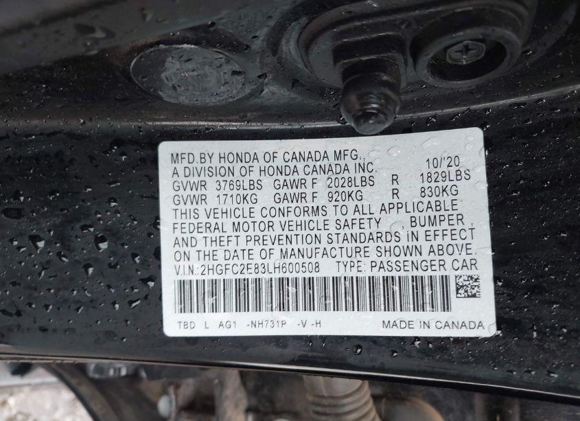 Photo 9 of 2020 Honda Civic SPORT (VIN 2HGFC2E83LH600508)