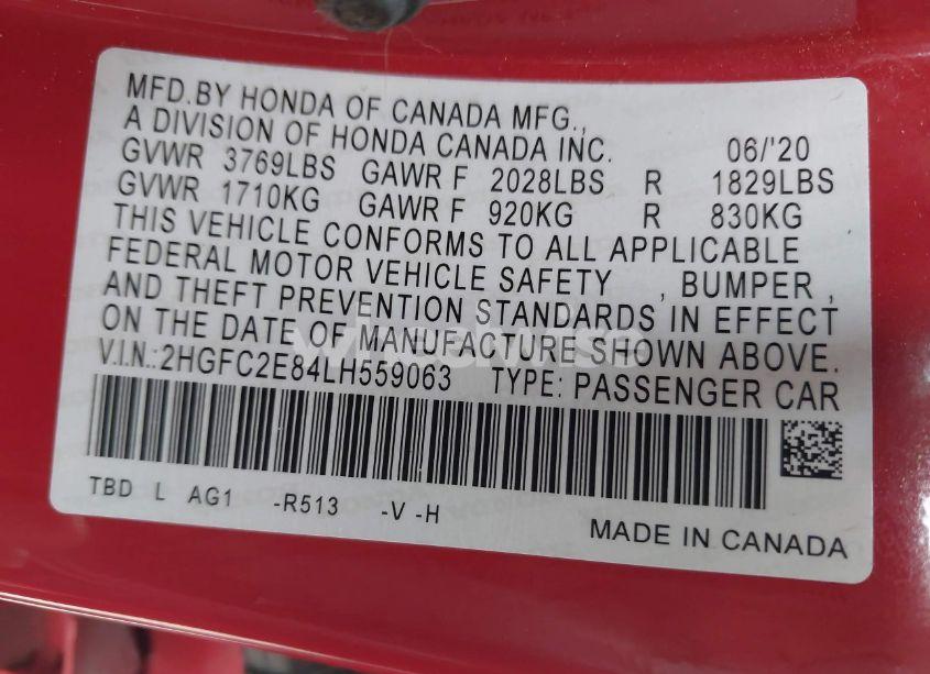 Photo 9 of 2020 Honda Civic SPORT (VIN 2HGFC2E84LH559063)