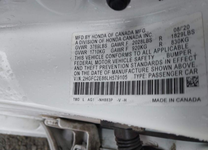 Photo 9 of 2020 Honda Civic SPORT (VIN 2HGFC2E86LH579105)