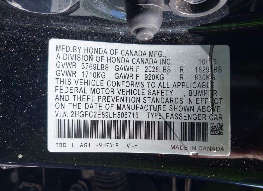 Photo 9 of 2020 Honda Civic SPORT (VIN 2HGFC2E89LH506715)