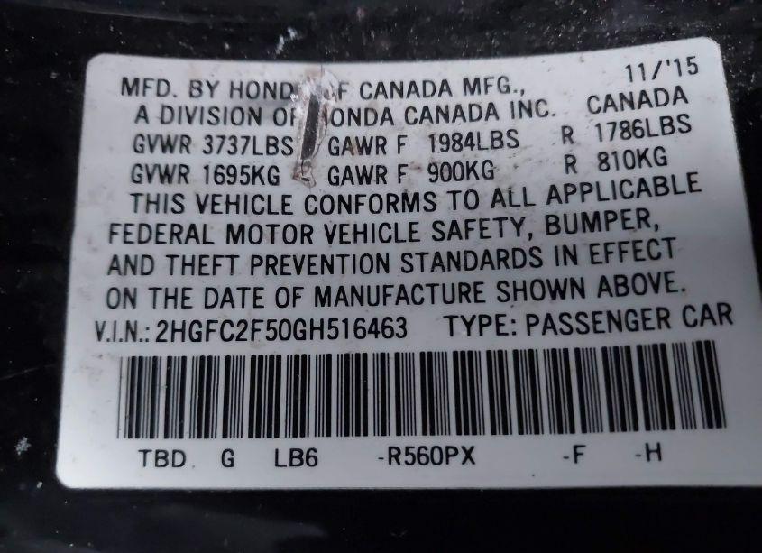 Photo 9 of 2016 Honda Civic LX (VIN 2HGFC2F50GH516463)