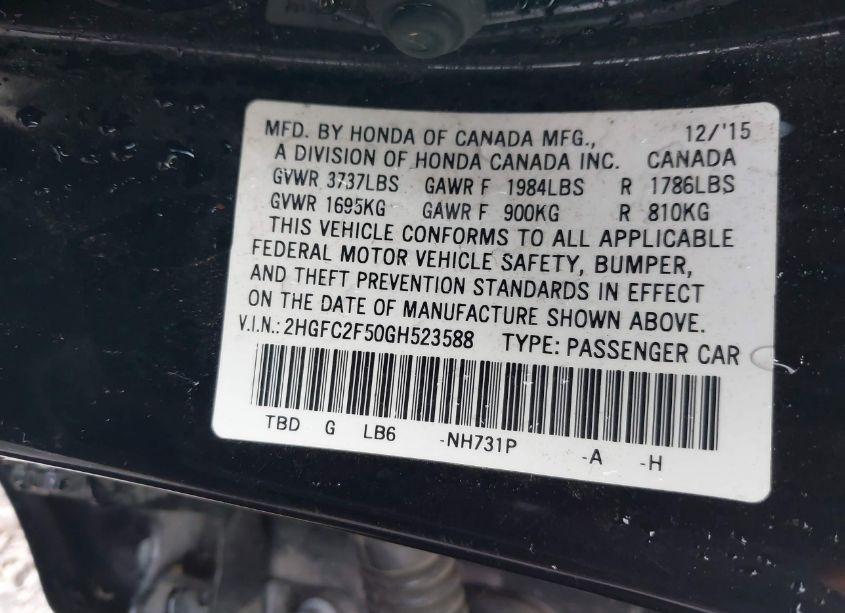 Photo 9 of 2016 Honda Civic LX (VIN 2HGFC2F50GH523588)