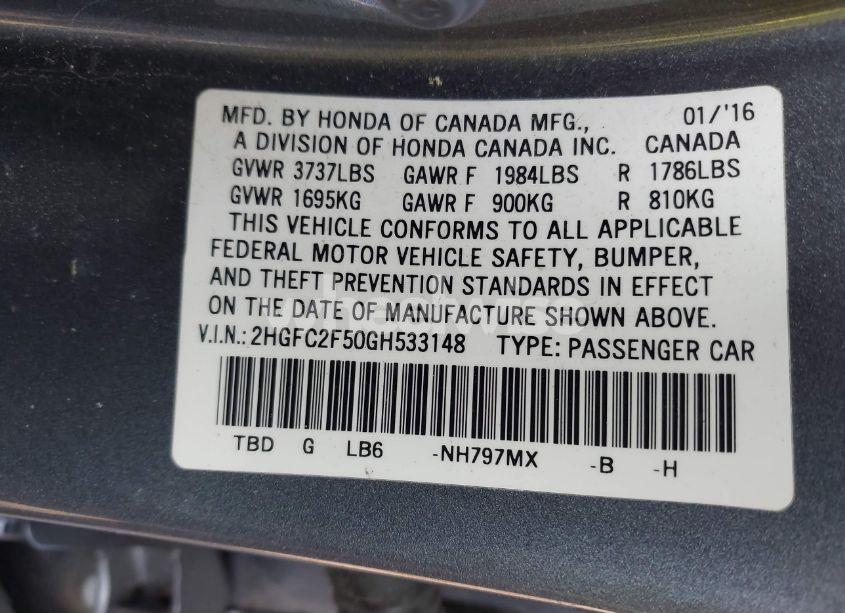 Photo 9 of 2016 Honda Civic LX (VIN 2HGFC2F50GH533148)