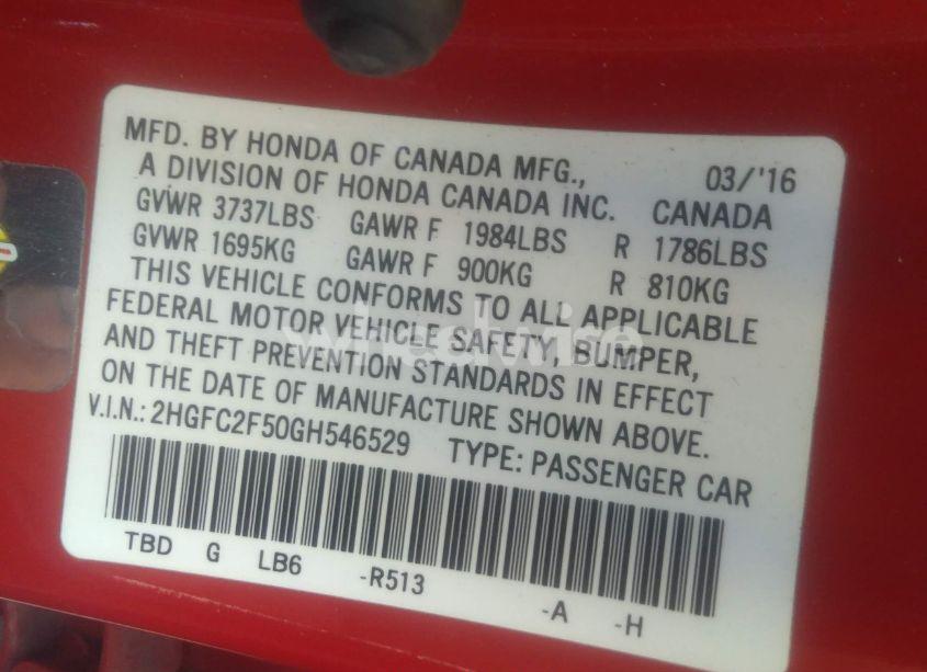 Photo 9 of 2016 Honda Civic LX (VIN 2HGFC2F50GH546529)