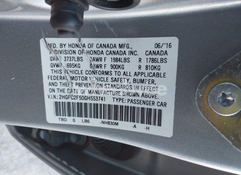 Photo 9 of 2016 Honda Civic LX (VIN 2HGFC2F50GH553741)