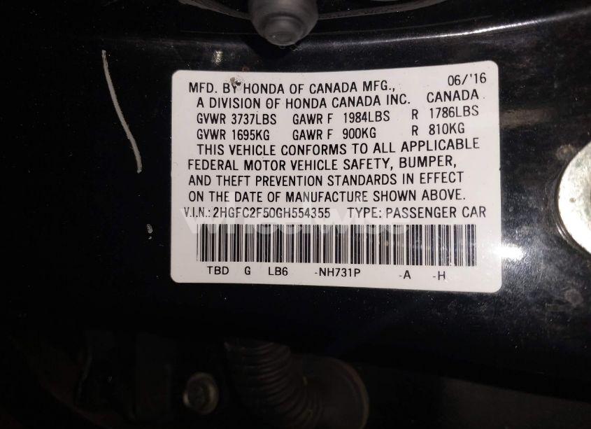 Photo 9 of 2016 Honda Civic LX (VIN 2HGFC2F50GH554355)