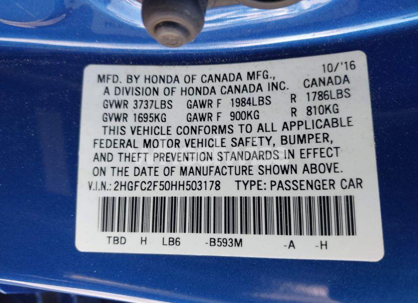 Photo 9 of 2017 Honda Civic LX (VIN 2HGFC2F50HH503178)