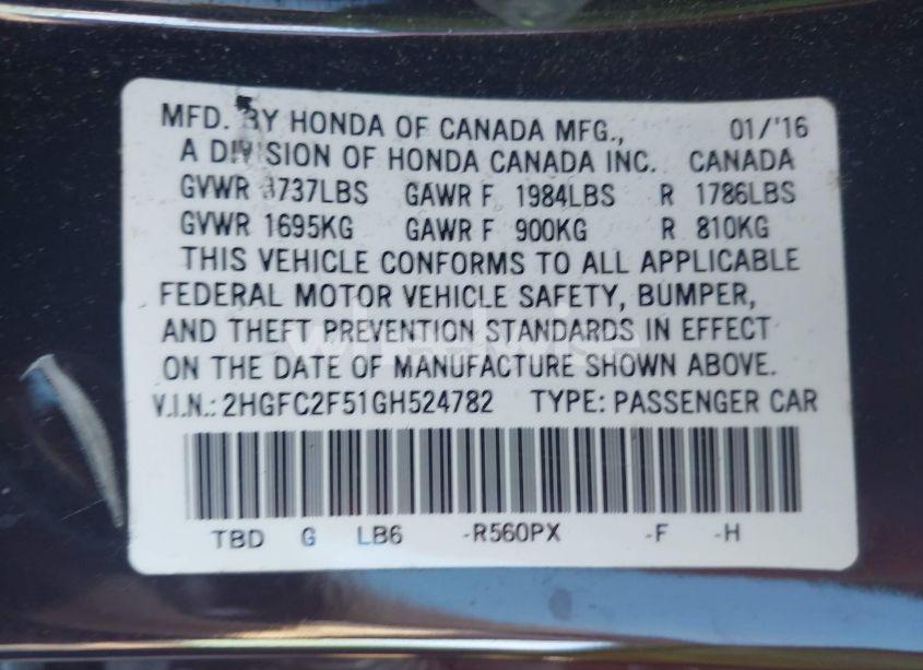 Photo 9 of 2016 Honda Civic LX (VIN 2HGFC2F51GH524782)
