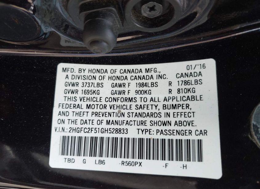 Photo 9 of 2016 Honda Civic LX (VIN 2HGFC2F51GH528833)