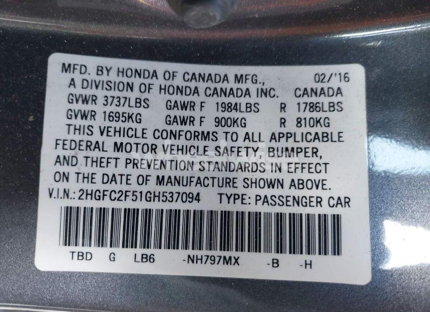 Photo 9 of 2016 Honda Civic LX (VIN 2HGFC2F51GH537094)