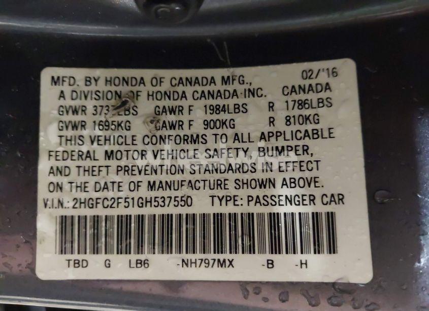 Photo 9 of 2016 Honda Civic LX (VIN 2HGFC2F51GH537550)