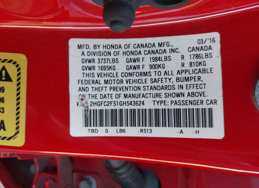 Photo 9 of 2016 Honda Civic LX (VIN 2HGFC2F51GH543624)
