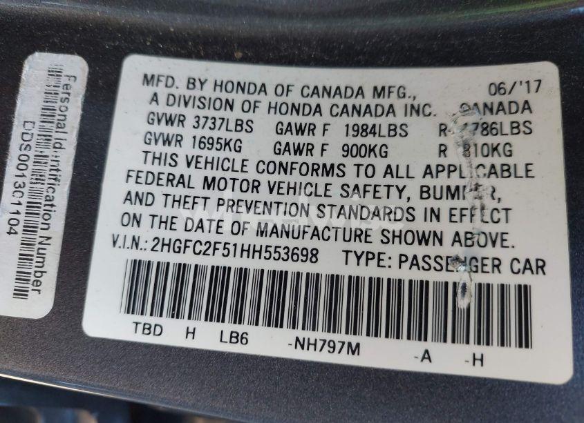 Photo 9 of 2017 Honda Civic LX (VIN 2HGFC2F51HH553698)
