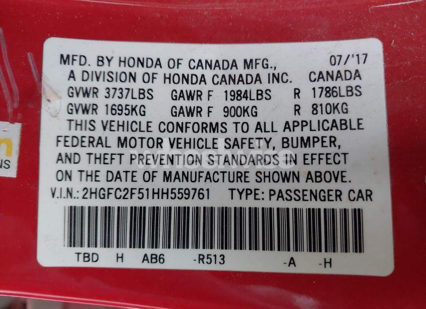 Photo 9 of 2017 Honda Civic LX (VIN 2HGFC2F51HH559761)