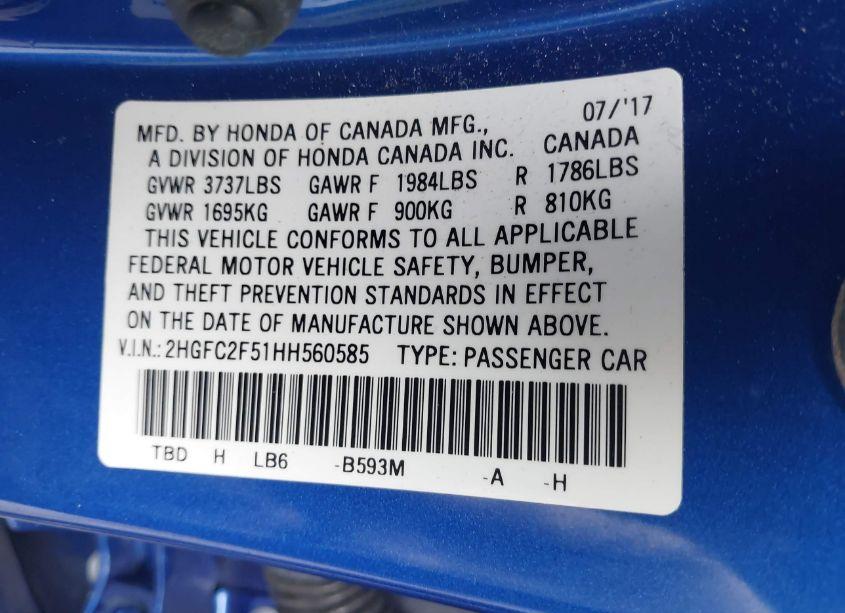 Photo 9 of 2017 Honda Civic LX (VIN 2HGFC2F51HH560585)