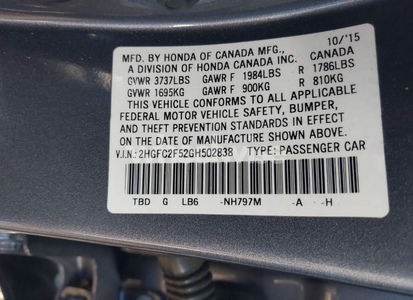 Photo 9 of 2016 Honda Civic LX (VIN 2HGFC2F52GH502838)