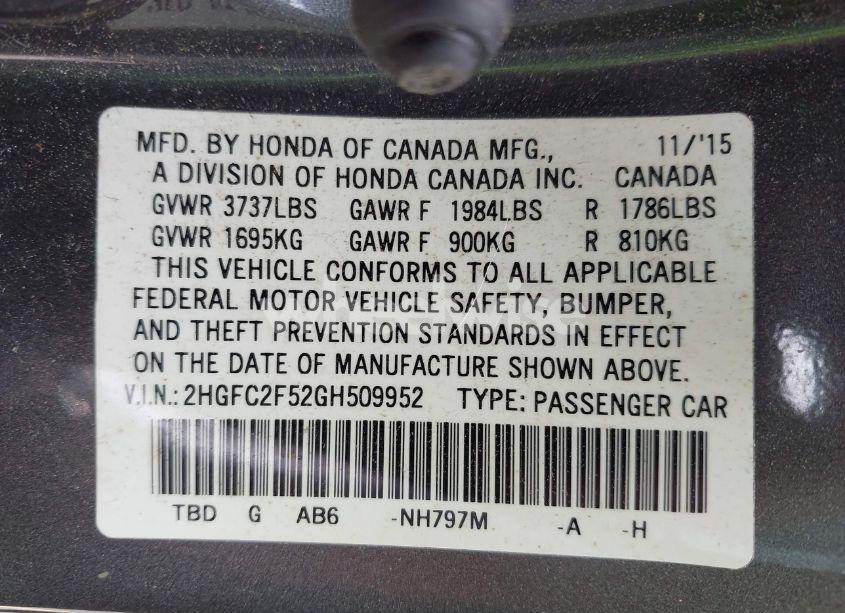 Photo 9 of 2016 Honda Civic LX (VIN 2HGFC2F52GH509952)
