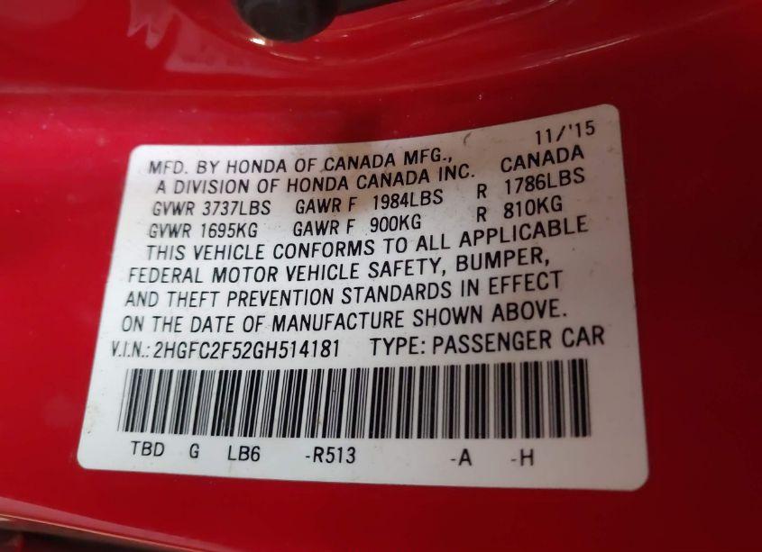 Photo 9 of 2016 Honda Civic LX (VIN 2HGFC2F52GH514181)