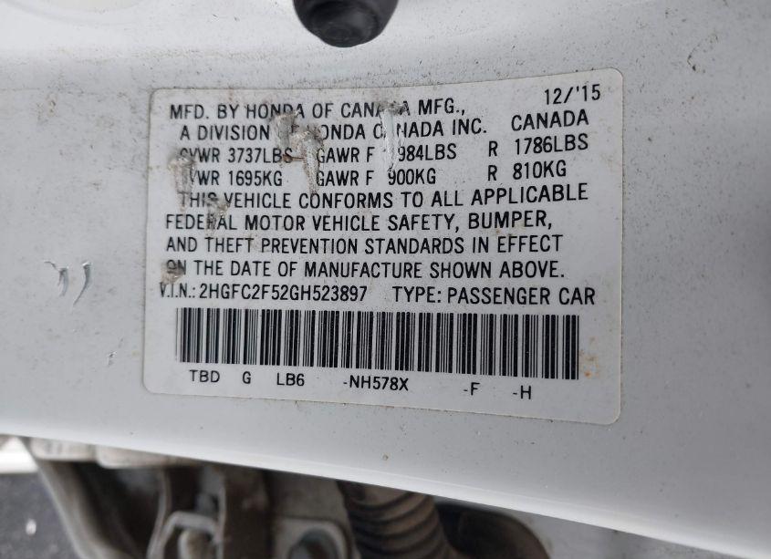 Photo 9 of 2016 Honda Civic LX (VIN 2HGFC2F52GH523897)