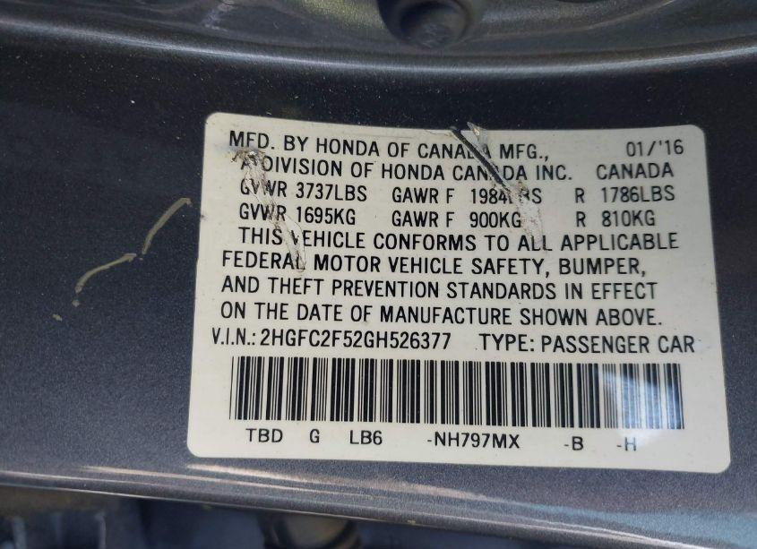 Photo 9 of 2016 Honda Civic LX (VIN 2HGFC2F52GH526377)