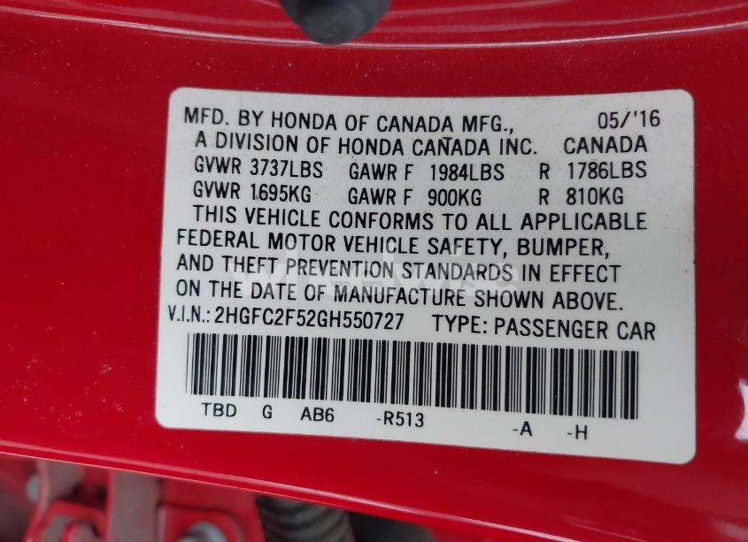 Photo 9 of 2016 Honda Civic LX (VIN 2HGFC2F52GH550727)