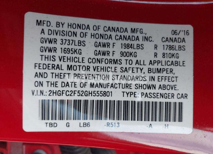 Photo 9 of 2016 Honda Civic LX (VIN 2HGFC2F52GH555801)
