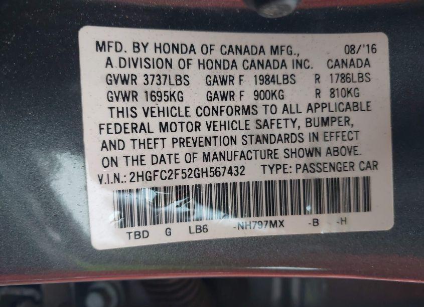 Photo 9 of 2016 Honda Civic LX (VIN 2HGFC2F52GH567432)