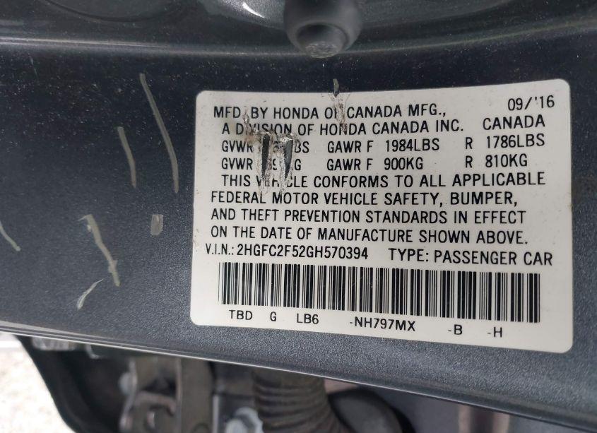 Photo 9 of 2016 Honda Civic LX (VIN 2HGFC2F52GH570394)