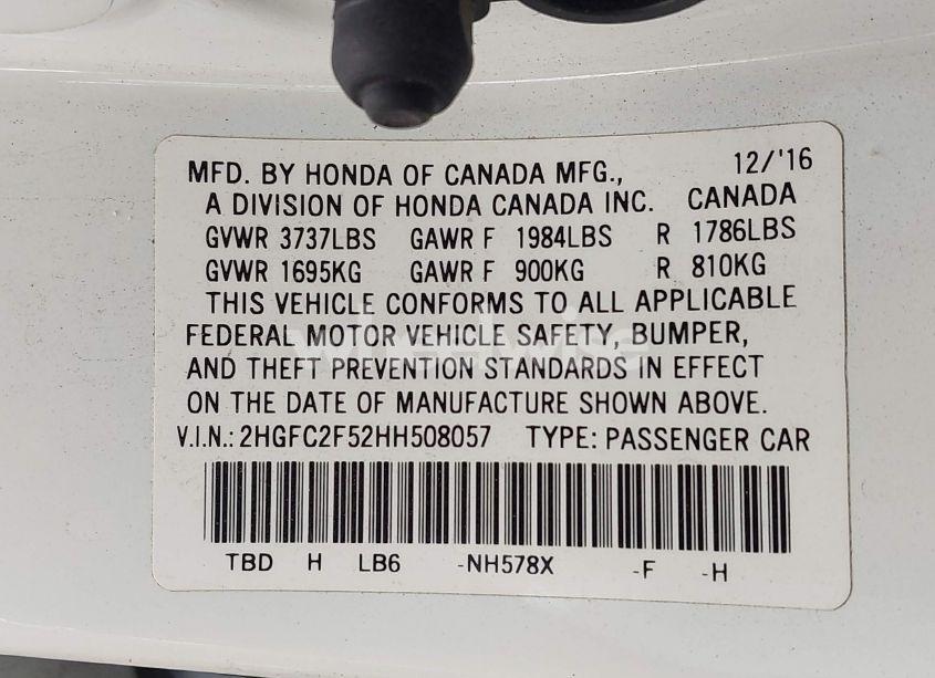 Photo 9 of 2017 Honda Civic LX (VIN 2HGFC2F52HH508057)