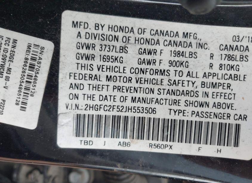 Photo 9 of 2018 Honda Civic LX (VIN 2HGFC2F52JH553506)