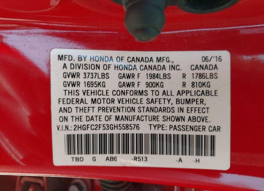 Photo 9 of 2016 Honda Civic LX (VIN 2HGFC2F53GH558576)