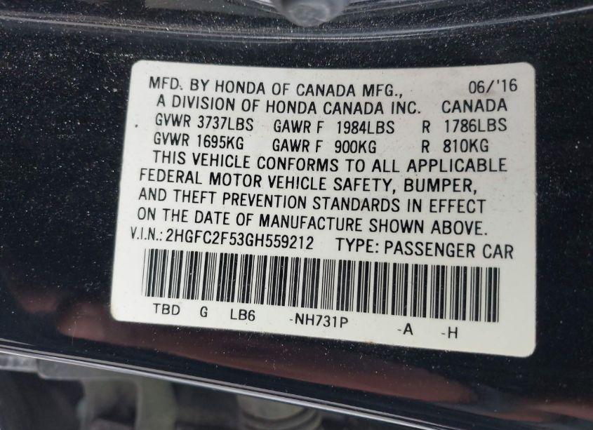 Photo 9 of 2016 Honda Civic LX (VIN 2HGFC2F53GH559212)