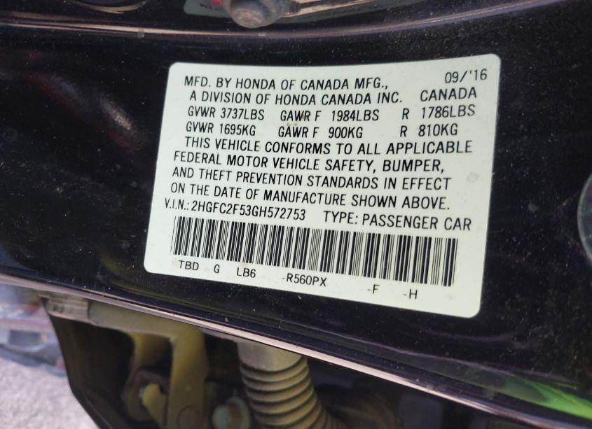 Photo 9 of 2016 Honda Civic LX (VIN 2HGFC2F53GH572753)