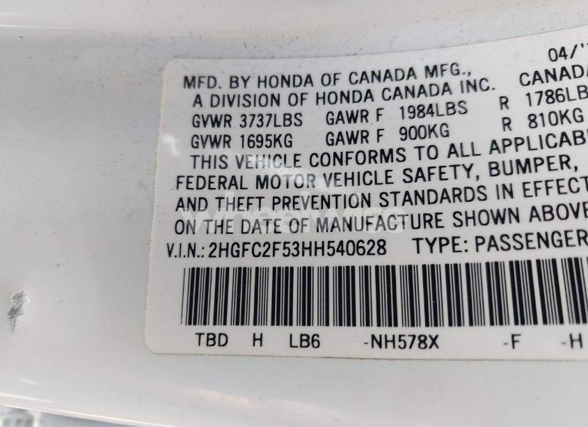 Photo 9 of 2017 Honda Civic LX (VIN 2HGFC2F53HH540628)