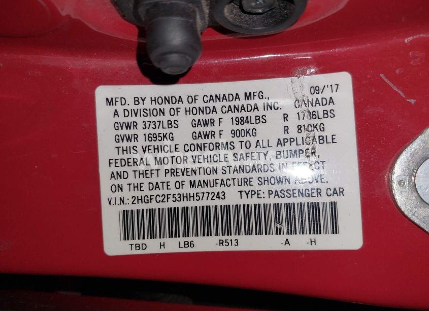 Photo 9 of 2017 Honda Civic LX (VIN 2HGFC2F53HH577243)