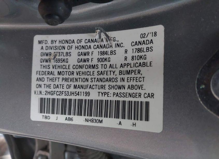 Photo 9 of 2018 Honda Civic LX (VIN 2HGFC2F53JH541199)