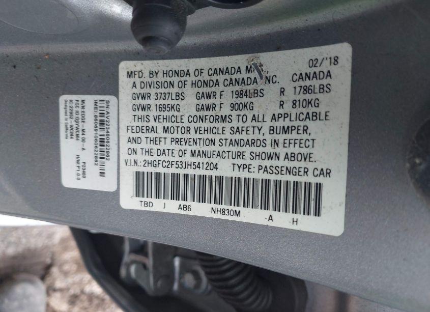 Photo 9 of 2018 Honda Civic LX (VIN 2HGFC2F53JH541204)