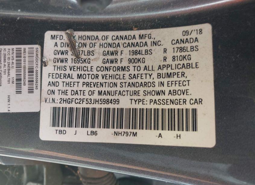 Photo 9 of 2018 Honda Civic LX (VIN 2HGFC2F53JH598499)