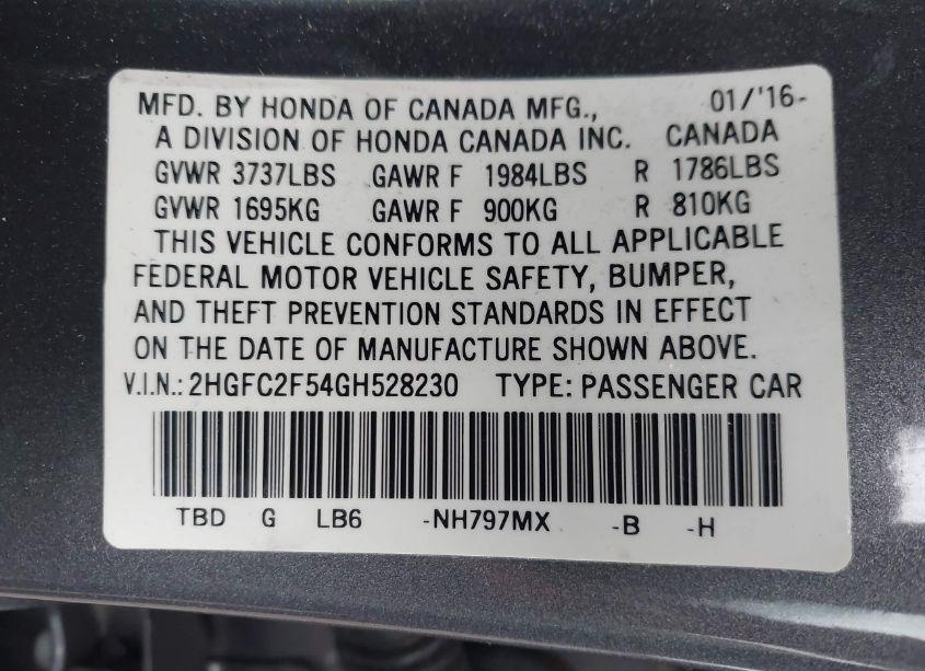Photo 9 of 2016 Honda Civic LX (VIN 2HGFC2F54GH528230)