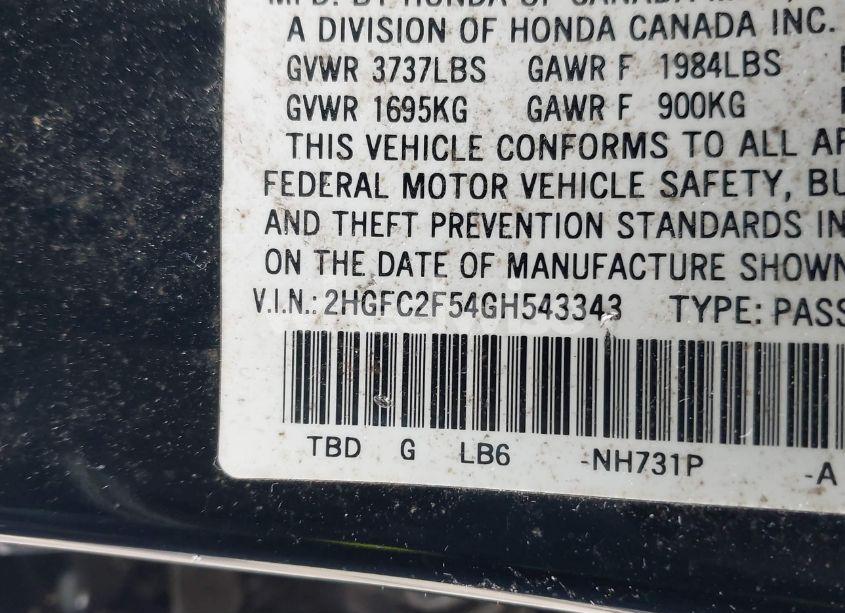 Photo 9 of 2016 Honda Civic LX (VIN 2HGFC2F54GH543343)