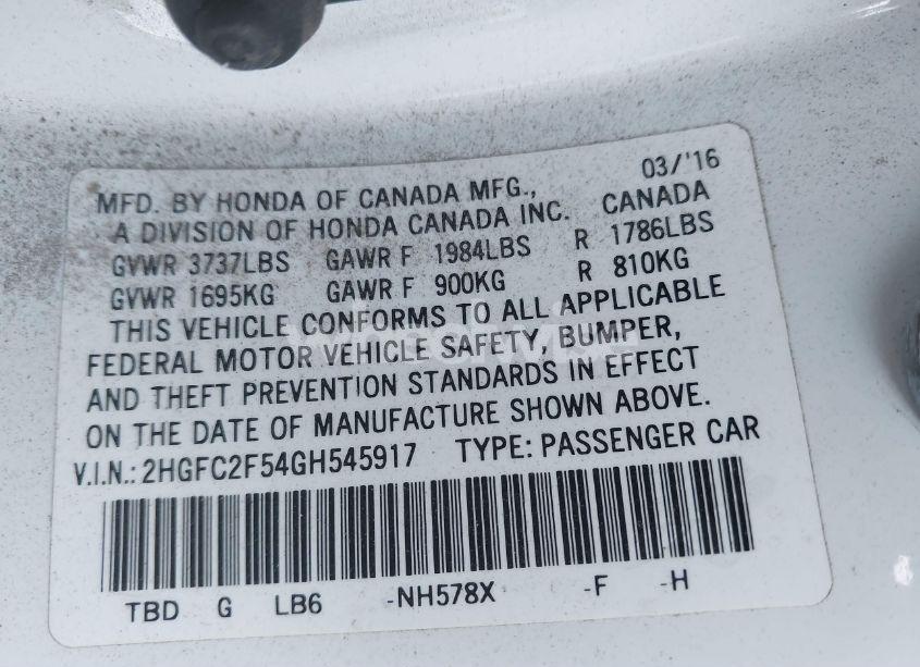 Photo 9 of 2016 Honda Civic LX (VIN 2HGFC2F54GH545917)