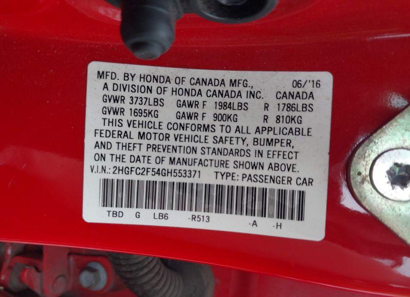 Photo 9 of 2016 Honda Civic LX (VIN 2HGFC2F54GH553371)