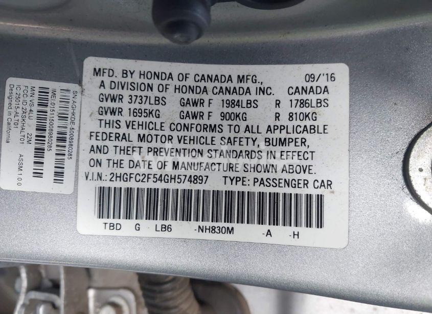 Photo 9 of 2016 Honda Civic LX (VIN 2HGFC2F54GH574897)