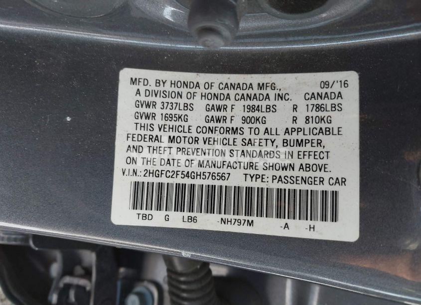Photo 9 of 2016 Honda Civic LX (VIN 2HGFC2F54GH576567)