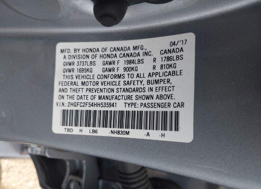 Photo 9 of 2017 Honda Civic LX (VIN 2HGFC2F54HH535941)