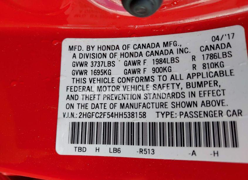 Photo 9 of 2017 Honda Civic LX (VIN 2HGFC2F54HH538158)