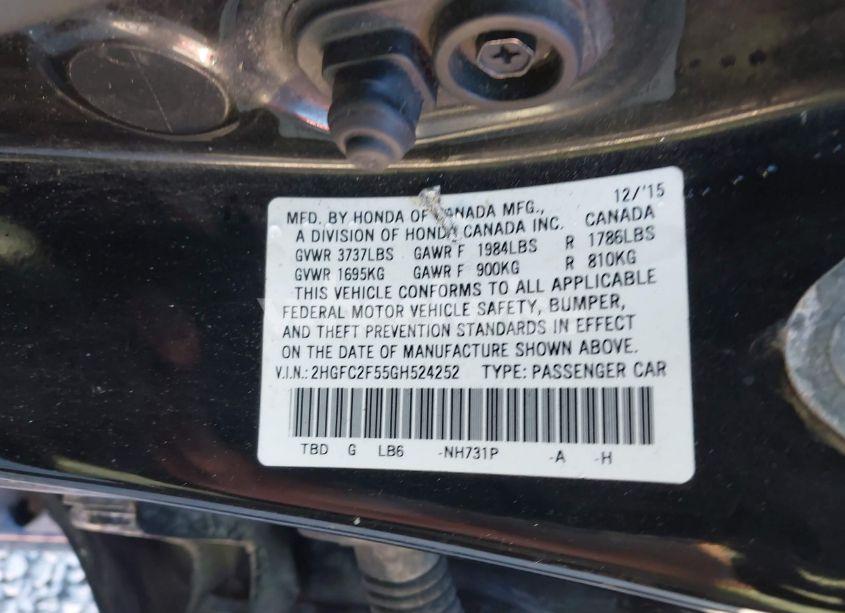 Photo 9 of 2016 Honda Civic LX (VIN 2HGFC2F55GH524252)
