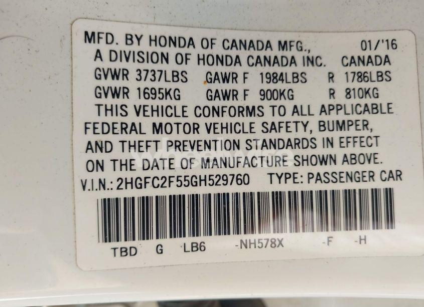 Photo 9 of 2016 Honda Civic LX (VIN 2HGFC2F55GH529760)